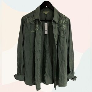 Chico's Olive Green Embroidered Shirt Jacket